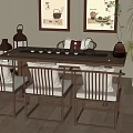 Traditional Chinese Style Tea Table and Chairs with Decorative Paintings Tea Set and Green Plants