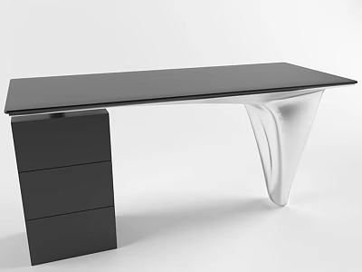 Modern Sleek Black Home Office Desk With Artistic Transparent Leg And Three Storage Drawers 3d model