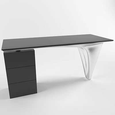 Modern Sleek Black Home Office Desk With Artistic Transparent Leg And Three Storage Drawers 3d model