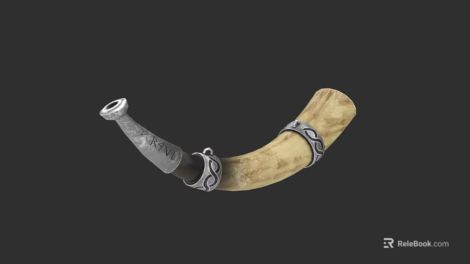Ancient Horn Shaped Weapon Featuring Silver Ornate Bands And Intricate Carvings 3d model 