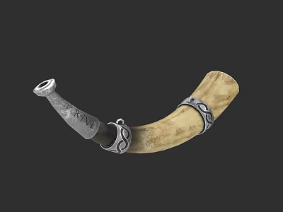 Ancient Horn Shaped Weapon Featuring Silver Ornate Bands And Intricate Carvings 3d model