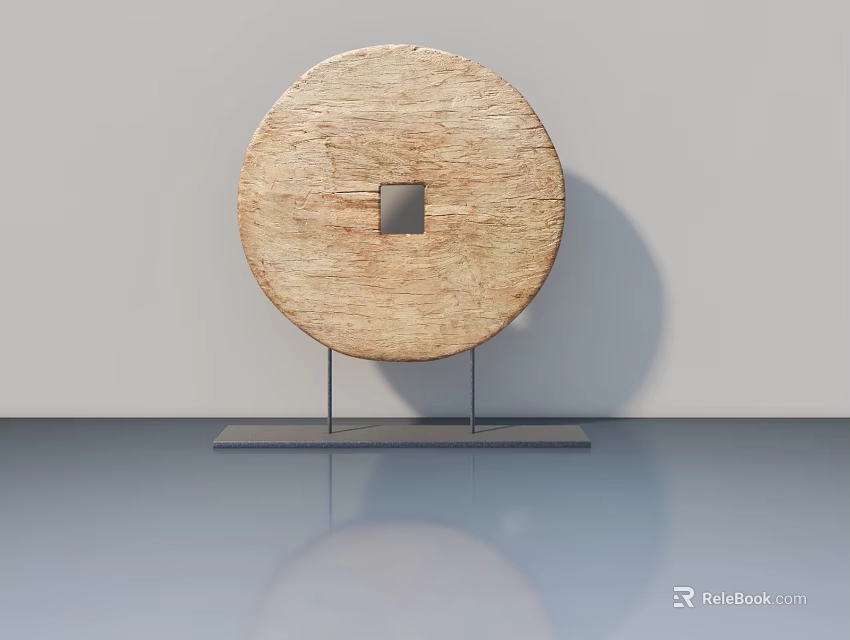 Round Wooden Swing Door With Square Opening On Metal Stand And Grey Wall 3d model 