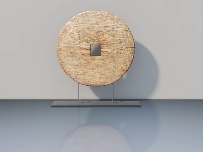 Round Wooden Swing Door With Square Opening On Metal Stand And Grey Wall 3d model