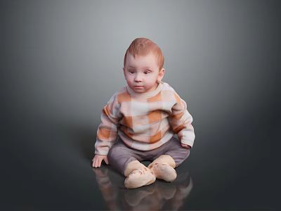 Baby Sitting on Black Reflective Floor Wearing Plaid Sweater Gray Pants and Light Shoes 3d model