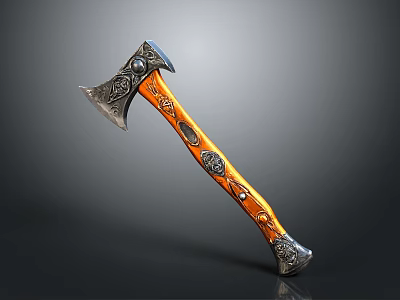 Ornate Decorative Axe With Carved Metal Head And Orange Wooden Handle 3d model