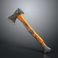 Ornate Decorative Axe With Carved Metal Head And Orange Wooden Handle