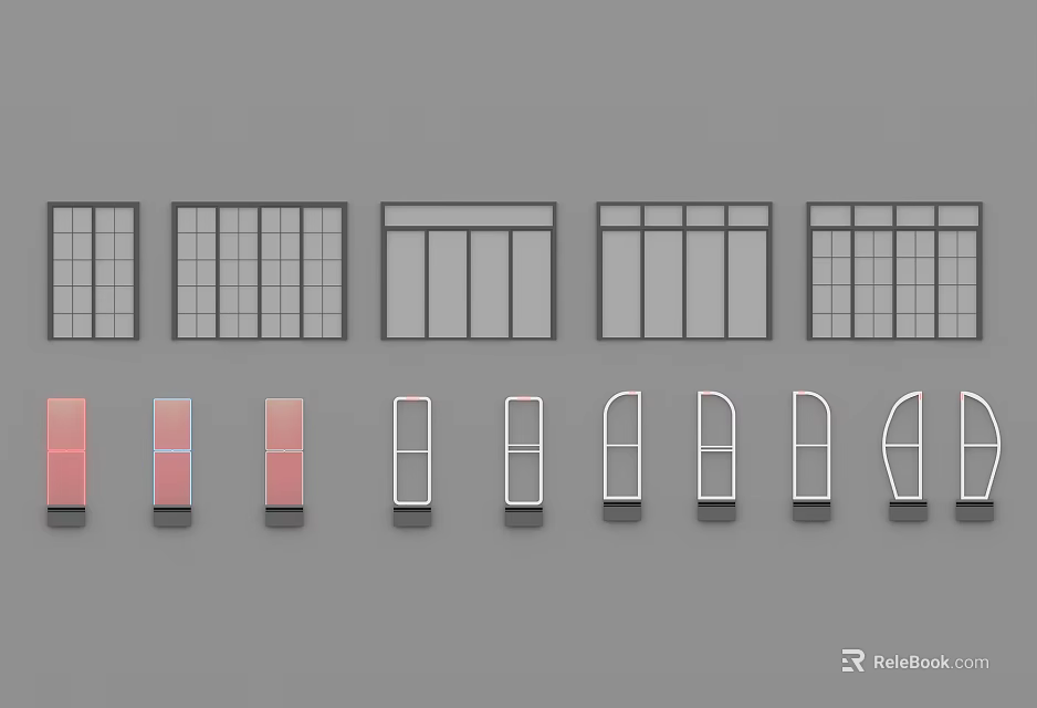 Various Window Design Styles With Grid Patterns And White Red Frames 3d model 