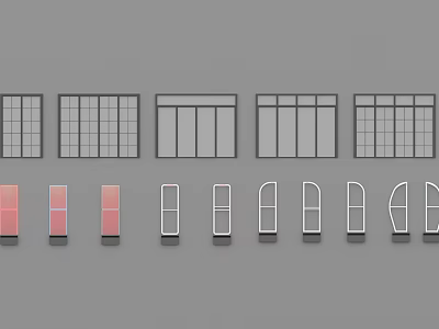 Various Window Design Styles With Grid Patterns And White Red Frames 3d model