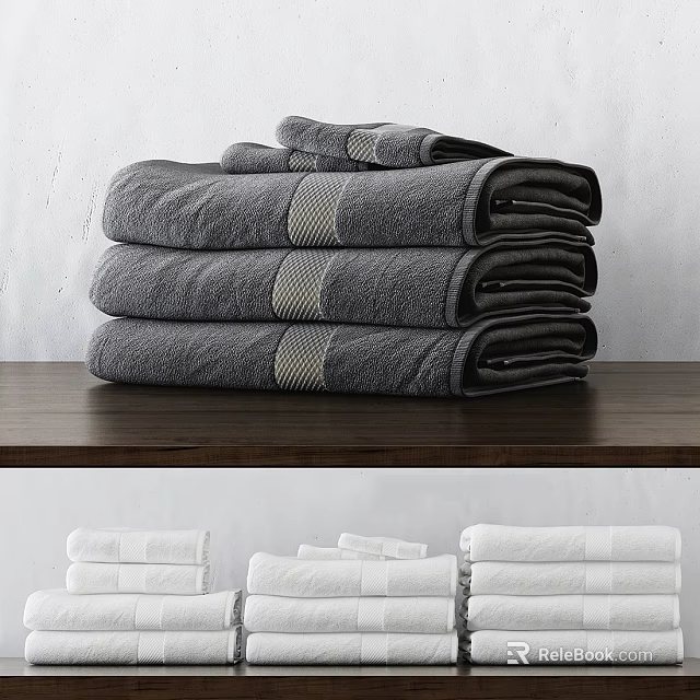 Soft Stacked Grey And White Towels With Striped Accents On Wooden Surface 3d model 