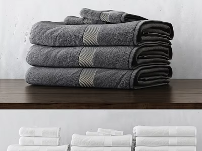 Soft Stacked Grey And White Towels With Striped Accents On Wooden Surface 3d model
