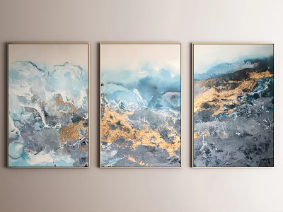 Abstract Paintings With Blue Gray And Gold Flowing Texture Gold Framed Hanging On Light Wall 3d model