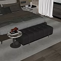Modern Bedroom With Gray Bed Velvet Bench Bedside Table And Small Round Table On Rug