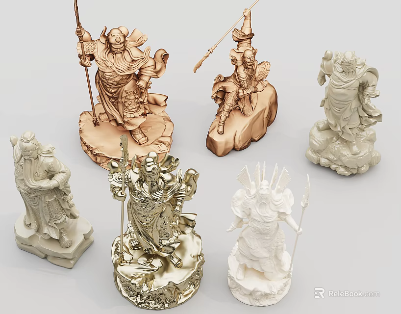 Various Character Sculpture Carvings With Golden And White Finishes In Different Poses 3d model 