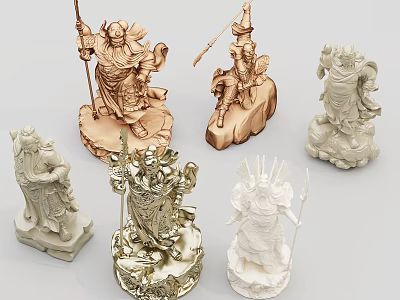 Various Character Sculpture Carvings With Golden And White Finishes In Different Poses 3d model