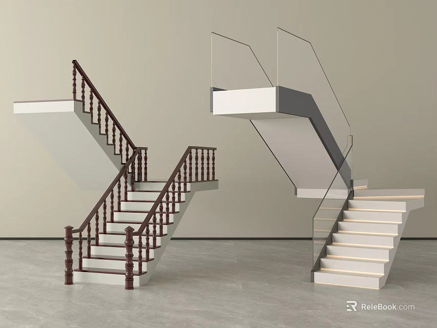 Two Types of Modern Interior Stairs with Wooden and Glass Railings and White Steps 3d model 