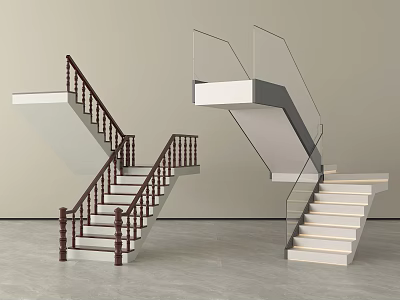 Two Types of Modern Interior Stairs with Wooden and Glass Railings and White Steps 3d model