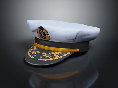 White Military Officer Cap With Dark Gray Brim Golden Decorative Patterns And Yellow Band 3d model