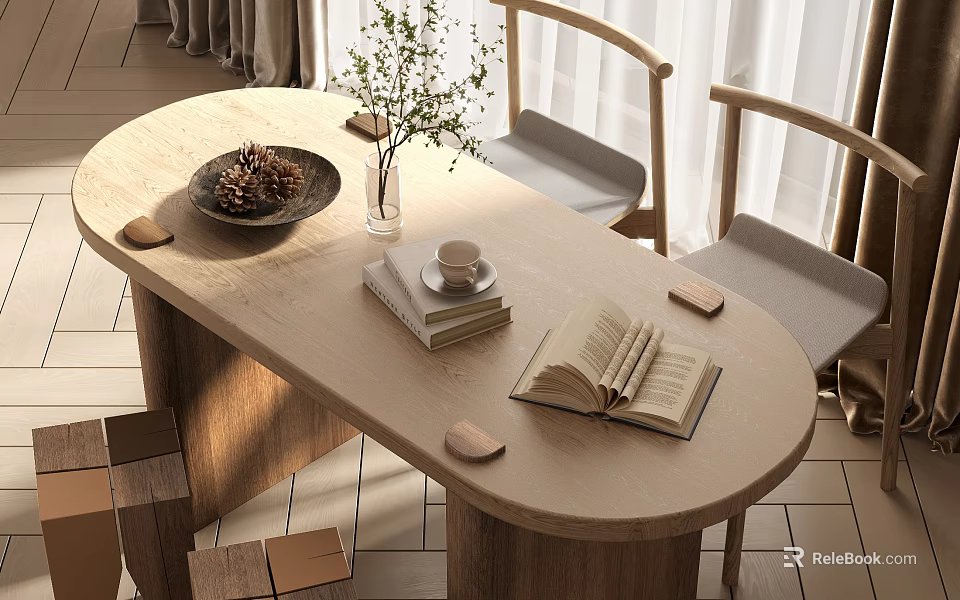 Oval Wooden Dining Table Set with Matching Chairs Decorative Bowl Books Coffee Cup and Plant 3d model 