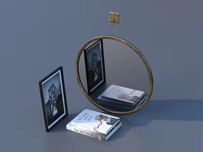 Stylish Decorative Ornament Set With Round Mirror Photo Frames And Books 3d model
