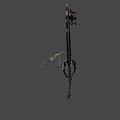 Game Character Ornate Key Shaped Weapon With Black White Blade Chain And Blue Accents