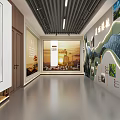 Modern Exploration Exhibition Hall with Blue Walls Digital Screens White Podiums Circular Ceiling Lights