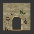 Rustic Brick Wall Structure With Arched Doorway Hanging Clay Pots Pans And Herbs 3d model