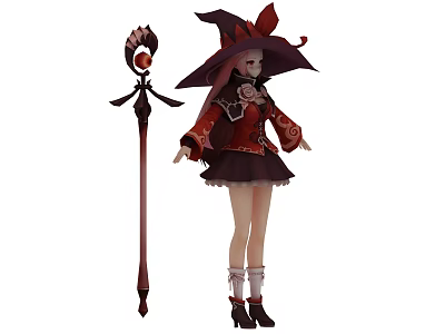 Witch Game and Movie Character in Red Black Outfit with Magic Staff and Hat 3d model