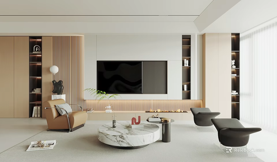 Modern Minimalist TV Wall In Spacious Living Room 3d model 