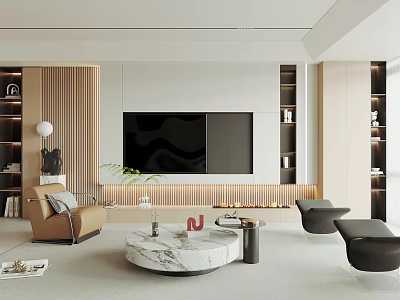 Modern Minimalist TV Wall In Spacious Living Room 3d model