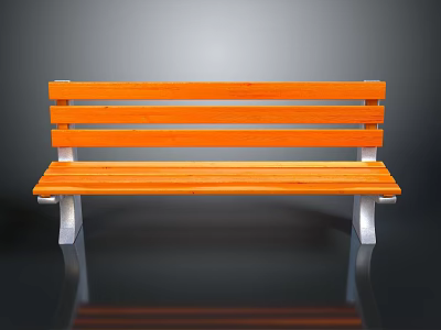 Architectural Outdoor Wooden Bench Featuring Orange Slats White Metal Legs And Smooth Black Ground Reflection 3d model