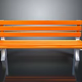 Architectural Outdoor Wooden Bench Featuring Orange Slats White Metal Legs And Smooth Black Ground Reflection