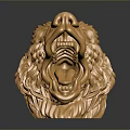 Golden Bear Head Sculpture with Open Mouth Detailed Fur Texture on Dark Background Shiny Reflection