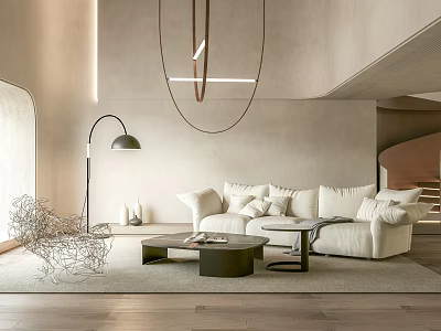 Modern Living Room Interior With White Sofa Coffee Table Floor Lamp And Hanging Light 3d model