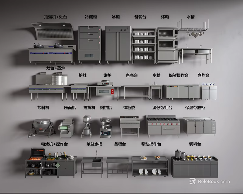 Commercial Kitchen Complete Equipment Setup With Stations Storage Worktables And Appliances 3d model