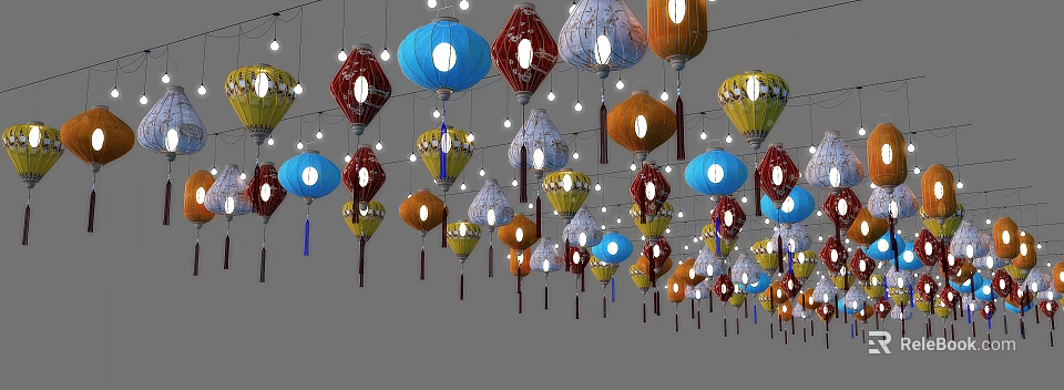 Colorful Traditional Lanterns Hanging With Various Styles And Decorative Tassels 3d model 