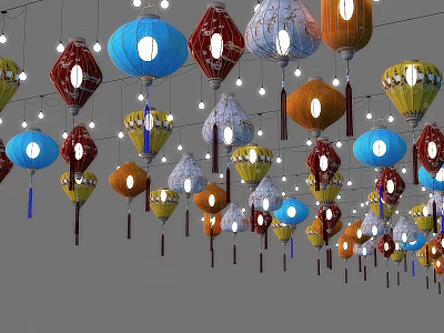 Colorful Traditional Lanterns Hanging With Various Styles And Decorative Tassels 3d model