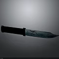 Knife With Black Handle And Blue Patterned Blade On Gray Background With Shadow