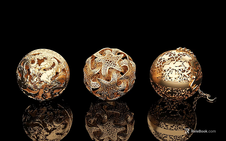 Intricate Carved Golden Spheres With Detailed Patterns On Black Background Reflections 3d model 