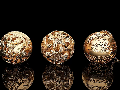 Intricate Carved Golden Spheres With Detailed Patterns On Black Background Reflections 3d model