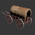 Vintage Wooden Covered Wagon With Canvas Top And Red White Wheels