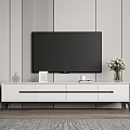 Modern White TV Stand With Drawers Flat Screen TV Flower Vase And Striped Wall