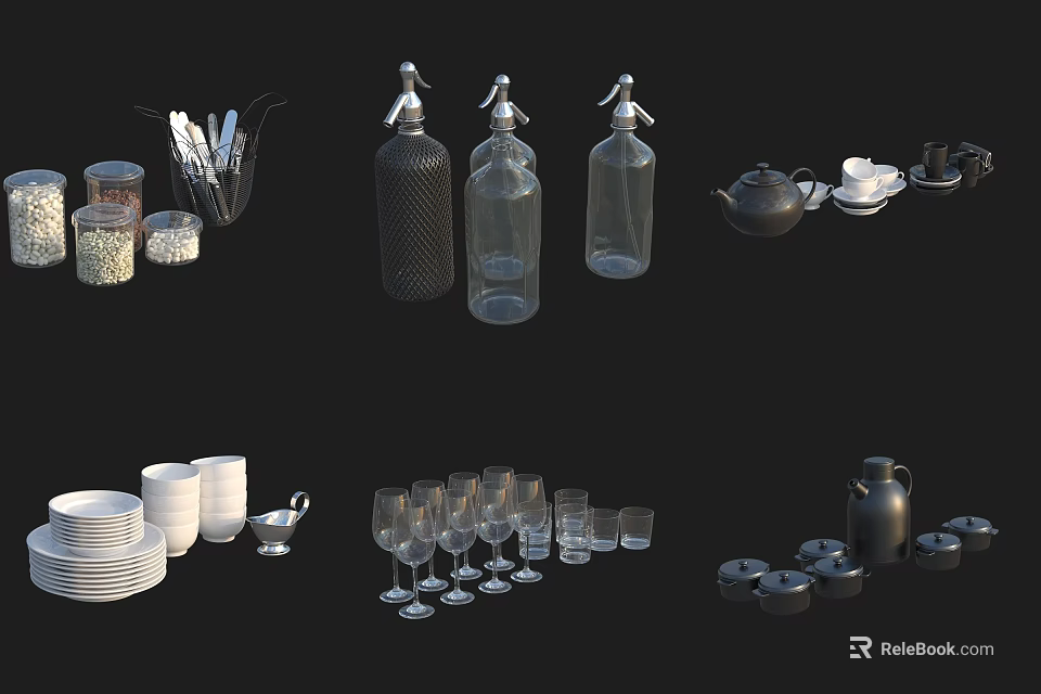 Assorted Dinnerware Collection With Plates Cups Glasses Bottles Teapot And Bowls 3d model 