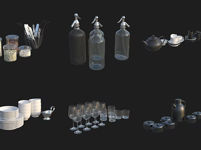 Assorted Dinnerware Collection With Plates Cups Glasses Bottles Teapot And Bowls 3d model