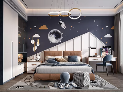 Kids Room Interior with Starry Sky Theme Astronaut Moon Pendant Lights Bed Desk and Toys 3d model