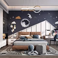 Kids Room Interior with Starry Sky Theme Astronaut Moon Pendant Lights Bed Desk and Toys