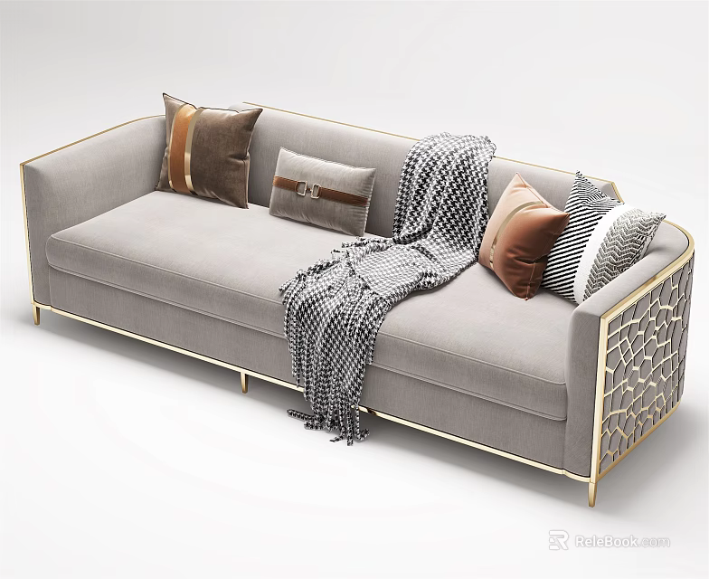 Modern Gray Multi Seater Sofa With Decorative Pillows Throw Blanket And Golden Accents 3d model 