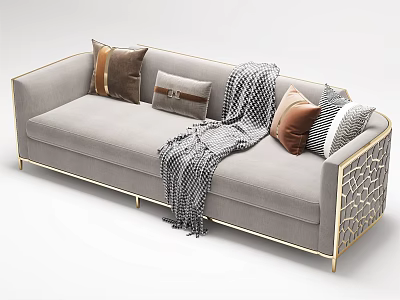 Modern Gray Multi Seater Sofa With Decorative Pillows Throw Blanket And Golden Accents 3d model