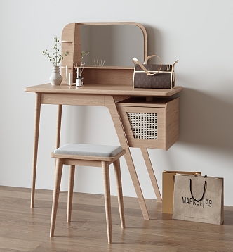 Quiet Style Makeup Table Makeup Stool Rattan Dressing Table Dressing Table Wooden Dressing Table 3d model