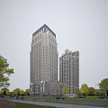 Modern High Rise Office Building Exterior With Glass Facade And Surrounding Trees Under Blue Sky