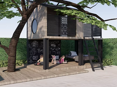 Cozy Treehouse With Chalkboard Wall Swing Ladder And Kids Playing On Wooden Deck 3d model